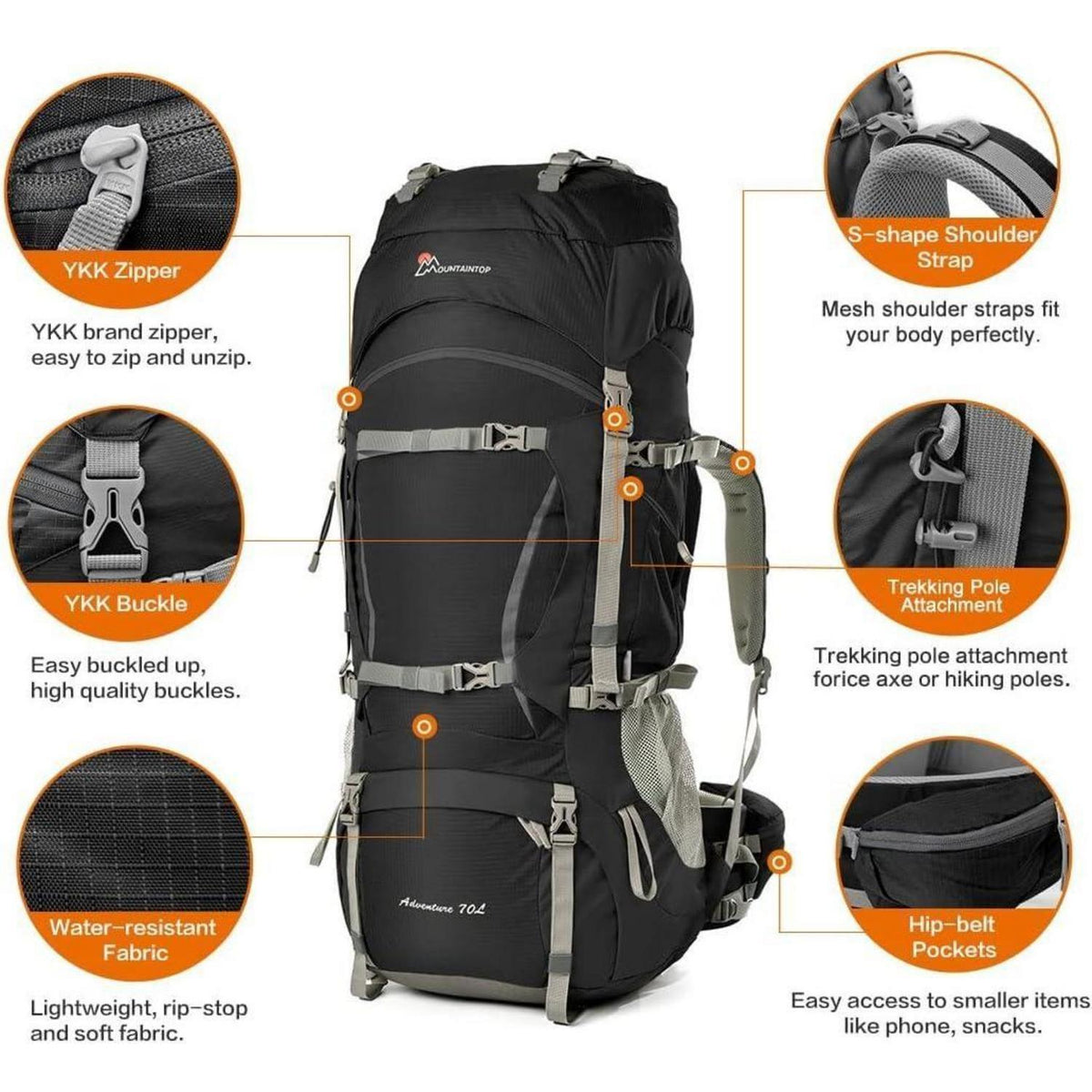 70L Trekkingrucksack mit Regenschutz und vielen Befestigungsmöglichkeiten