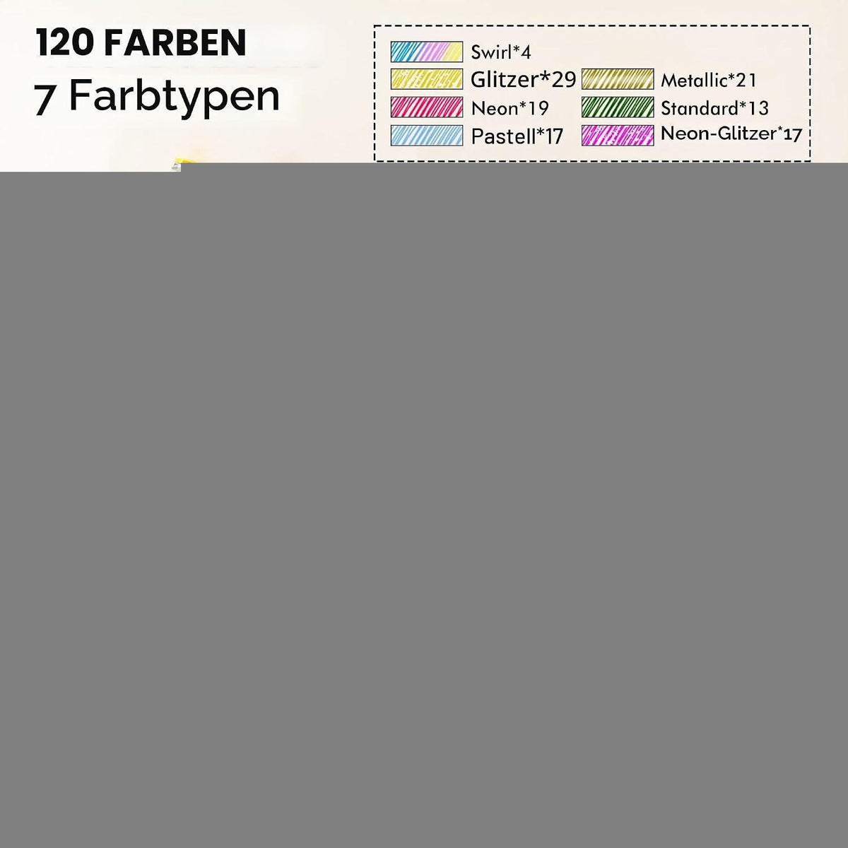 120 Gelstifte Set für Erwachsene & Kinder – Glitzer, Neon, Metallic