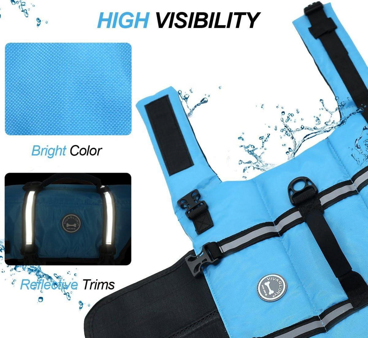 VIVAGLORY Hundeschwimmweste Ripstop Blau Auftrieb Sichtbarkeit 43-53cm