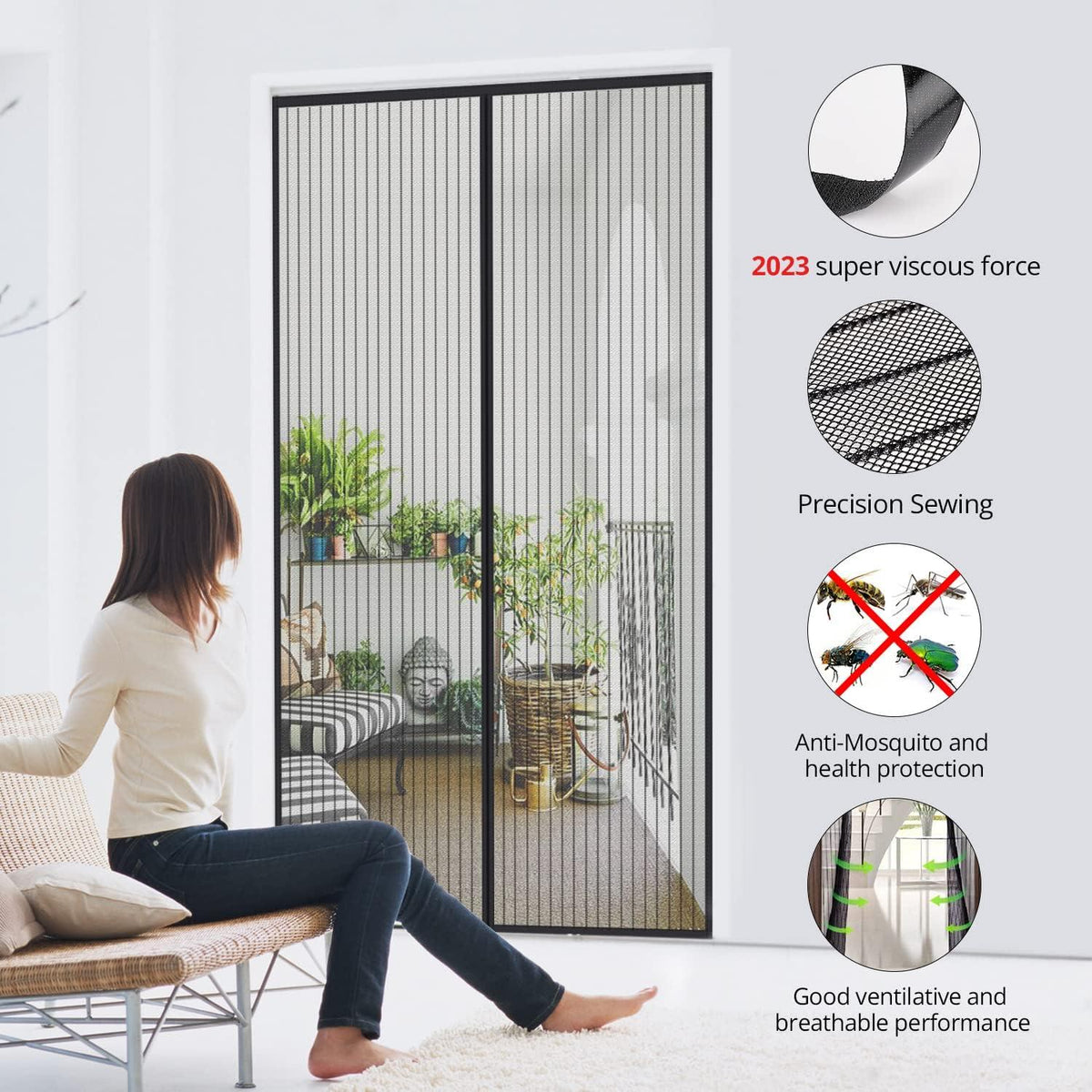 Fliegengitter Tür Magnet 90x210cm Insektenschutz Schwarz Gestreift