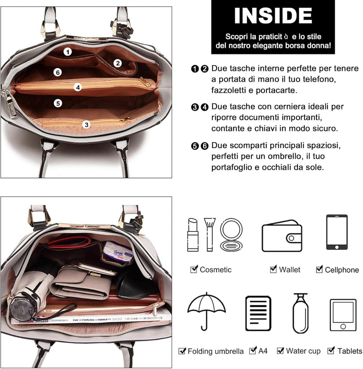 Damen Handtasche Schultertasche V-förmiges Design Grau