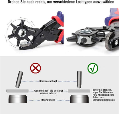 Revolverlochzange Lochzange Leder Gürtel Puncher 255 MM - 6 Stanzgrößen - Ergonomisches Design