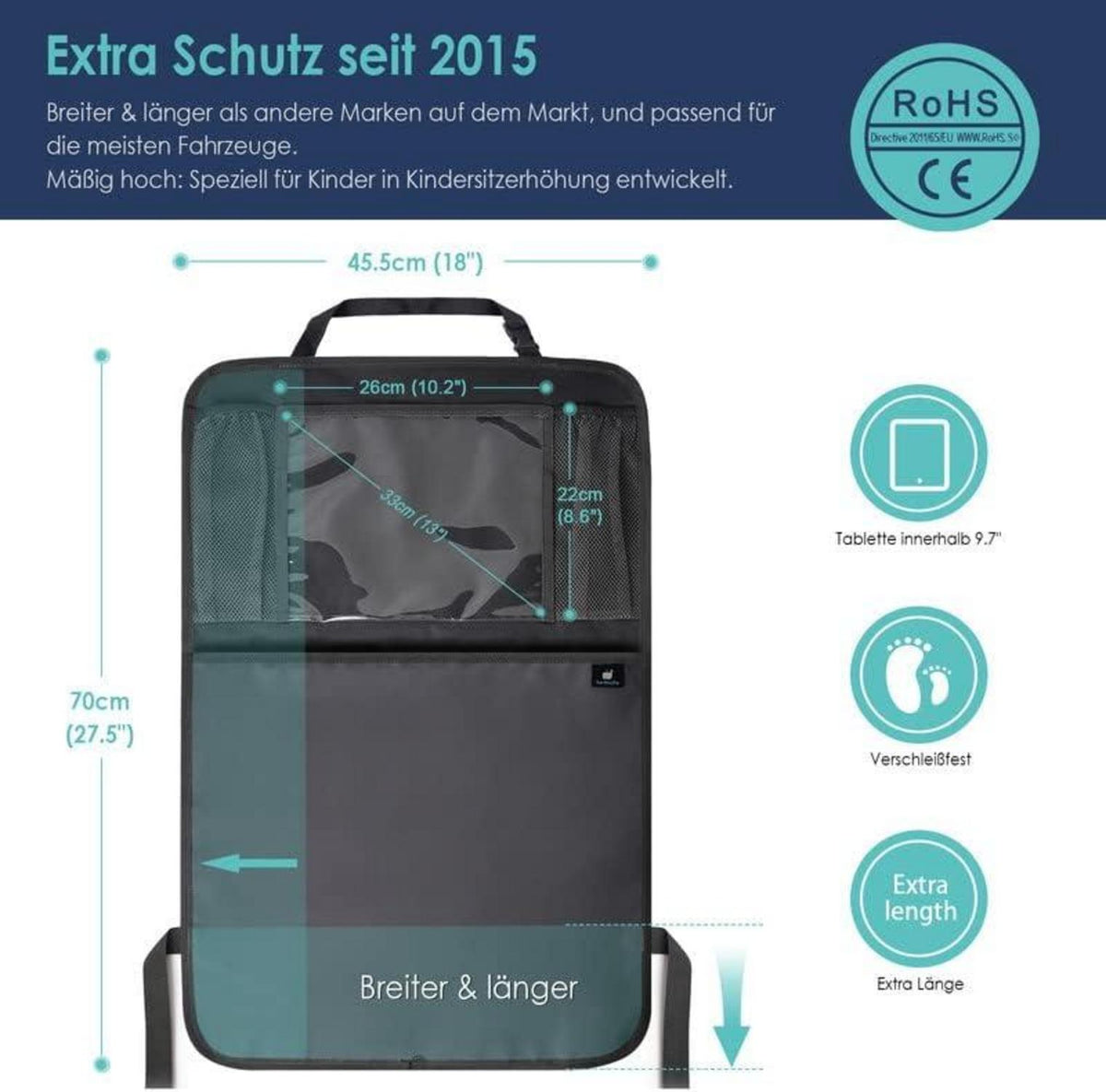 Rückenlehnenschutz Auto Organizer Schwarz wasserdicht mit großer Tasche