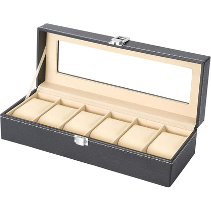 Uhrenbox für 6 Uhren mit Glasdeckel in Lederoptik Schwarz