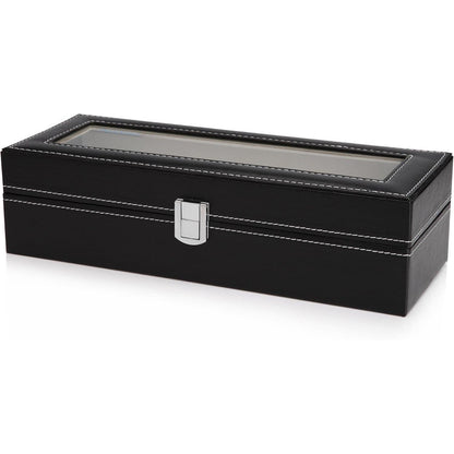 Uhrenbox für 6 Uhren mit Glasdeckel in Lederoptik Schwarz