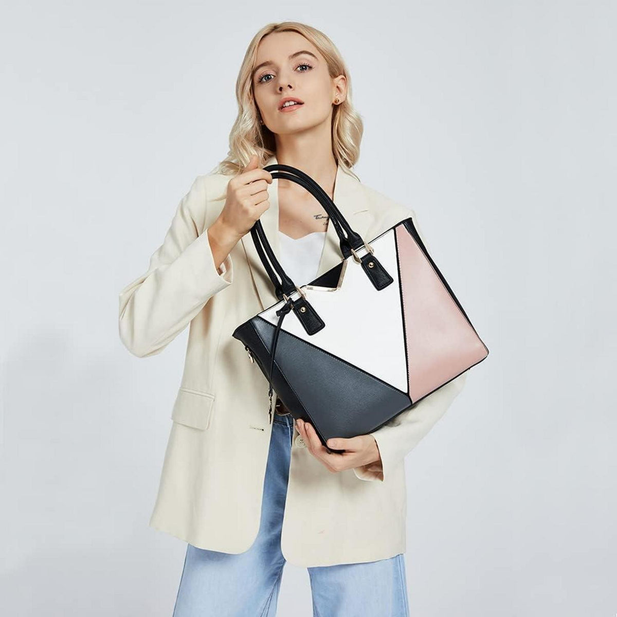 Damen Handtasche Schultertasche Shopper V-Design Nude