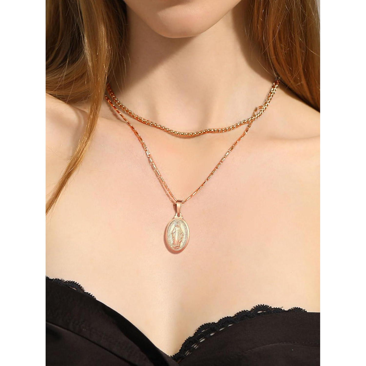Jungfrau Maria Kette Oval Anhänger Rosegold Vergoldet