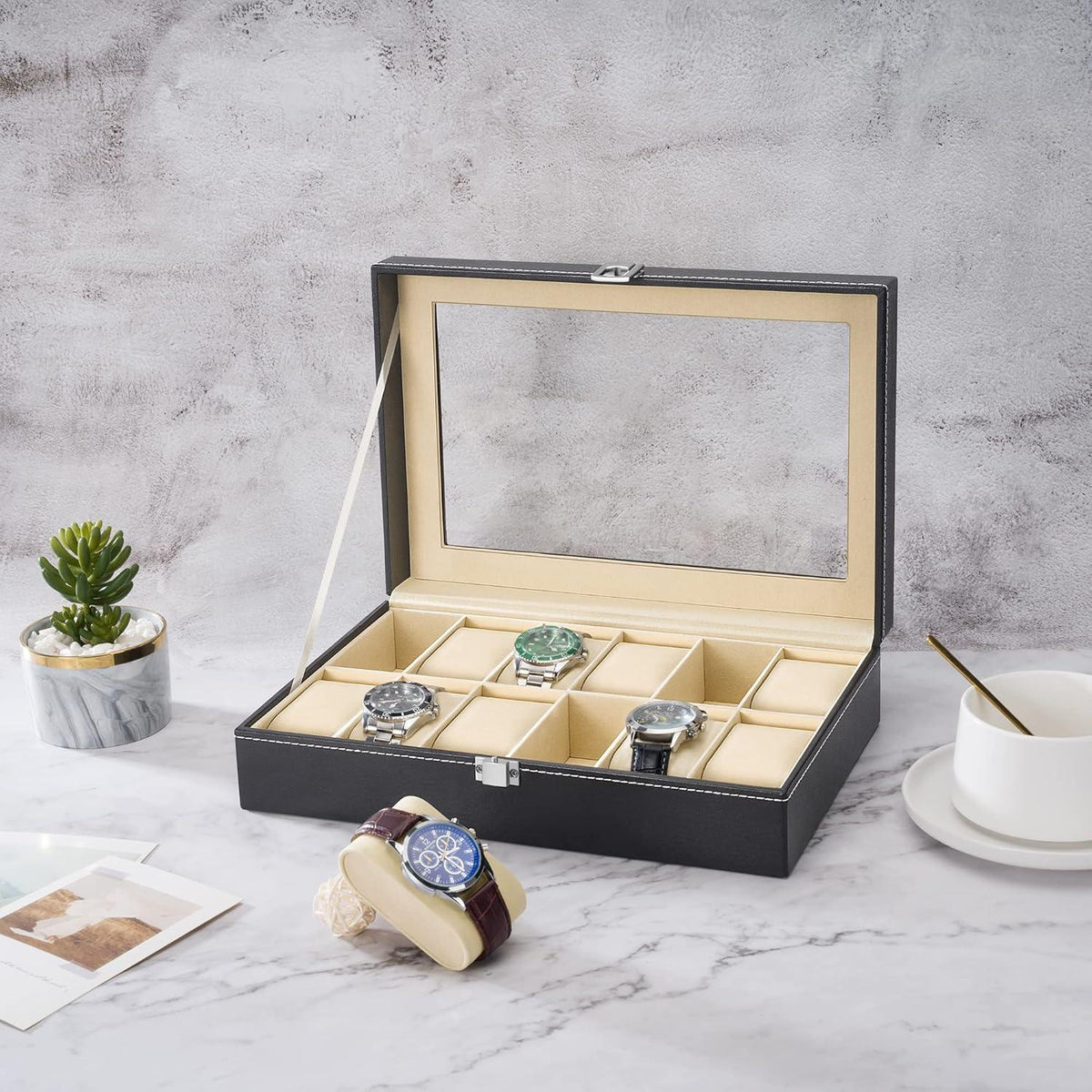 Uhrenbox für 12 Uhren mit Glasdeckel in Schwarz PU-Leder