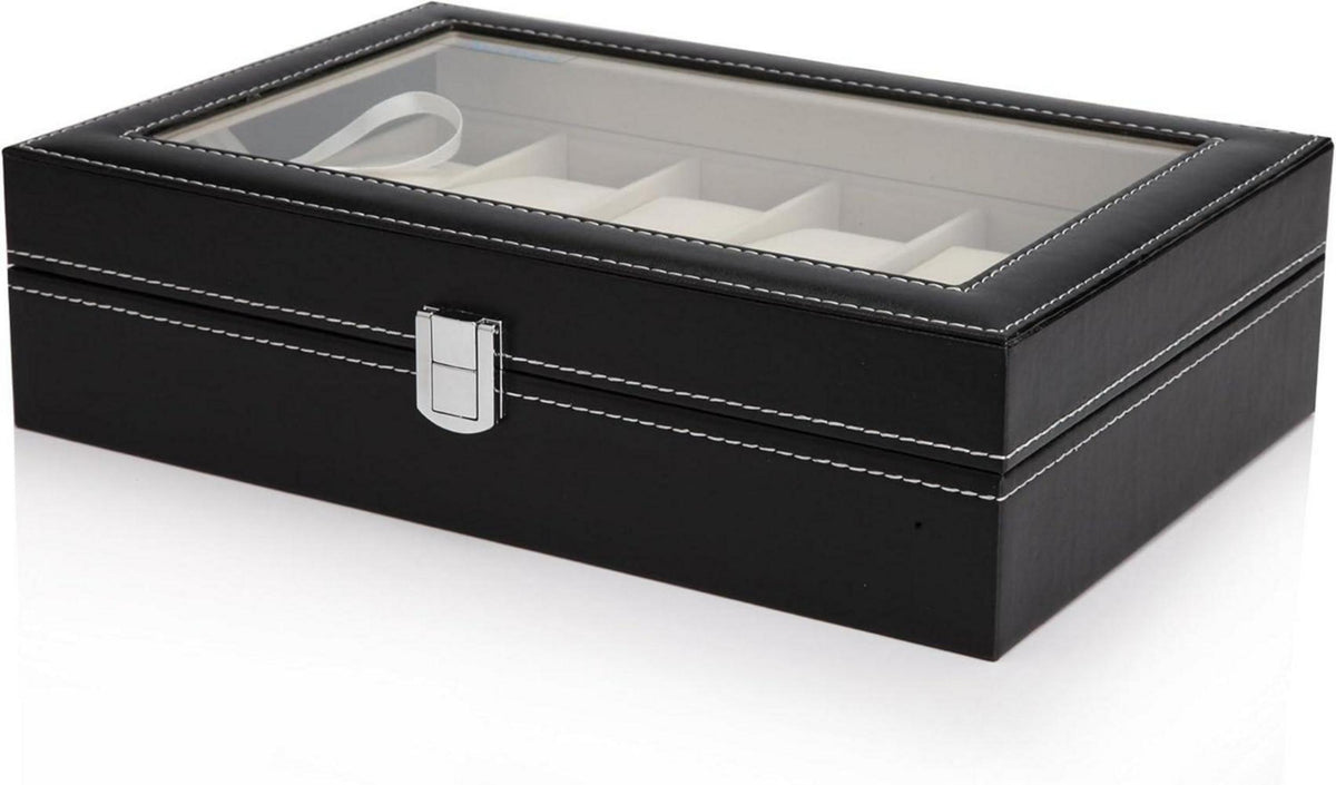 Uhrenbox für 12 Uhren mit Glasdeckel und Samtfütterung, schwarz PU-Leder