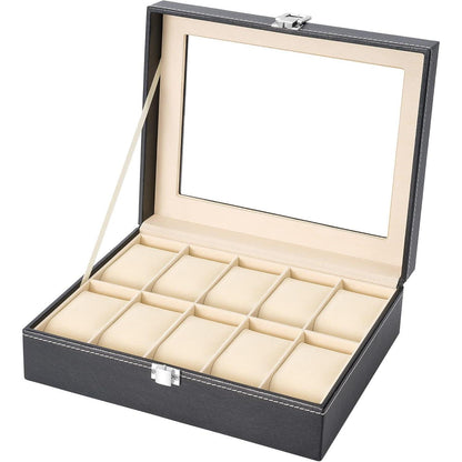 Uhrenbox mit Glasdeckel Schwarz 10 Uhren 25x20x8 in Lederoptik