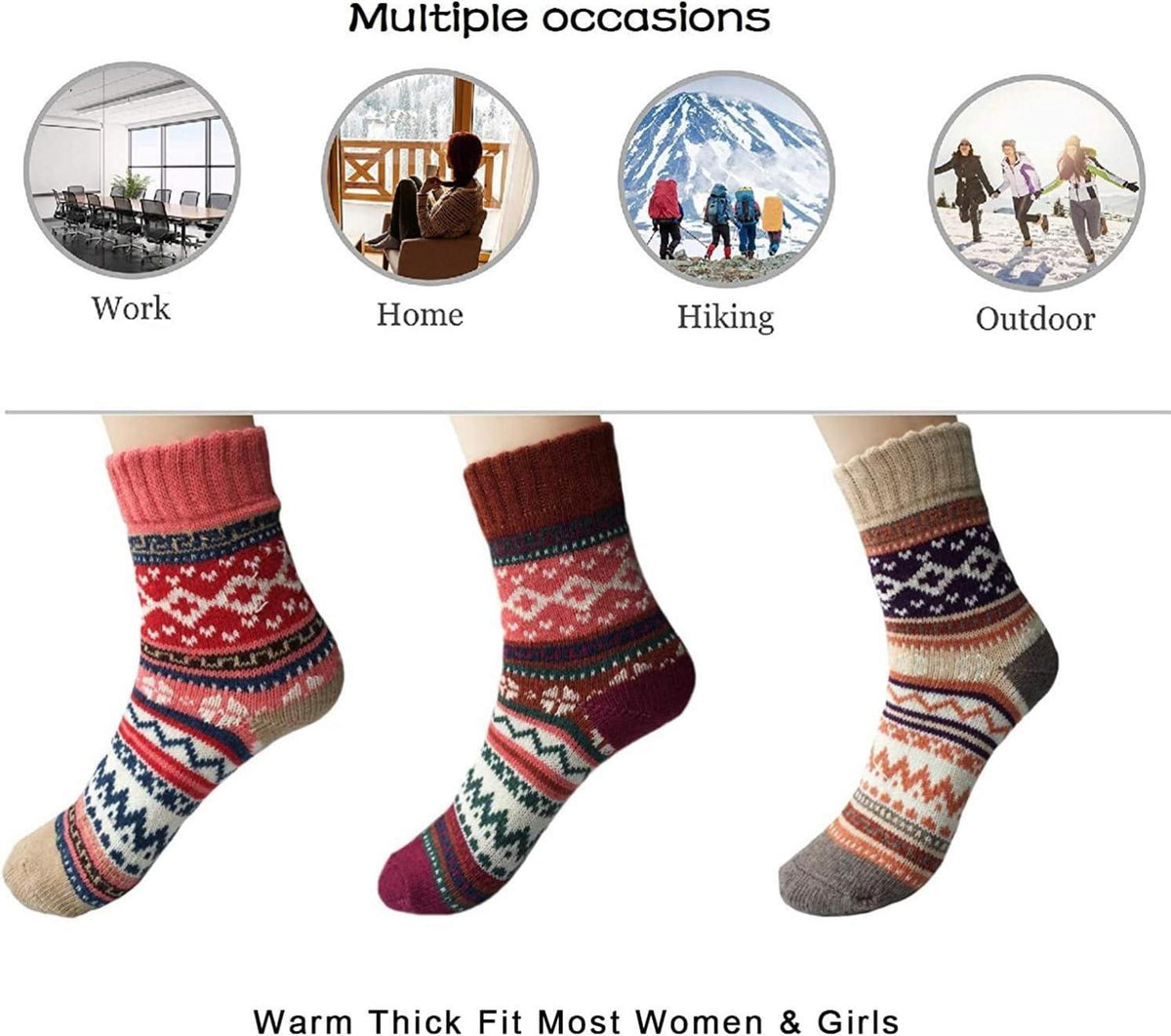 5 Paar Bunte Wollsocken Damen 35-41 Winter Dicke Thermosocken