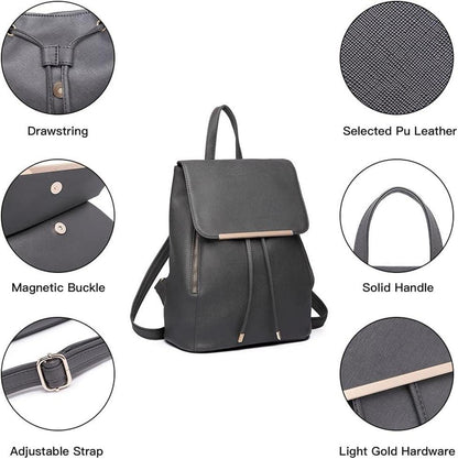 Rolltop Rucksack Damen Kunstleder Elegant Tunnelzug-Design Cityrucksack