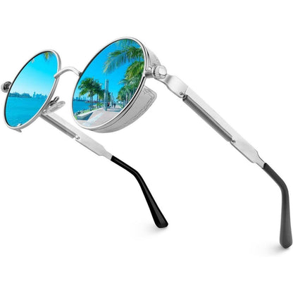 Retro Runde Sonnenbrille Herren Damen Polarisiert Blau Verspiegelt