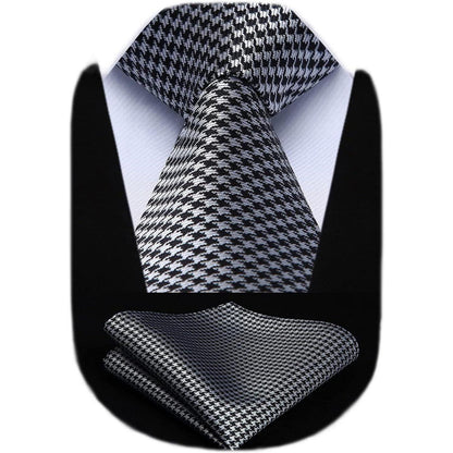 Extra lange Hahnentritt-Krawatte & Taschentuch Set Silber