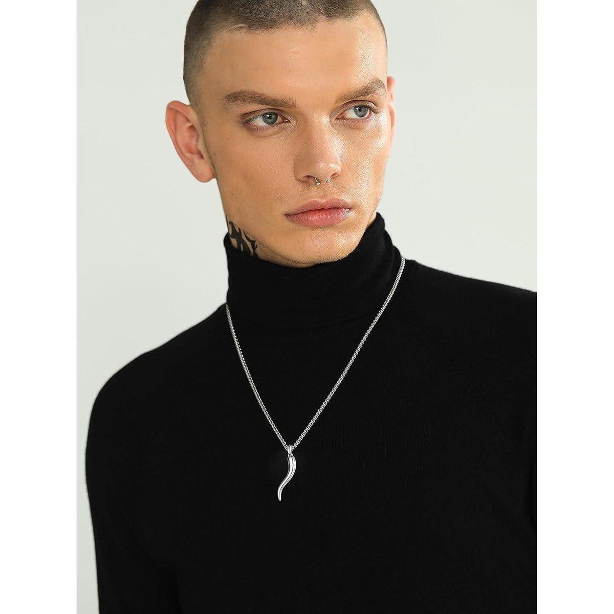 Italienisches Horn Halskette Edelstahl mit Anhänger, Glücksbringer, Silber