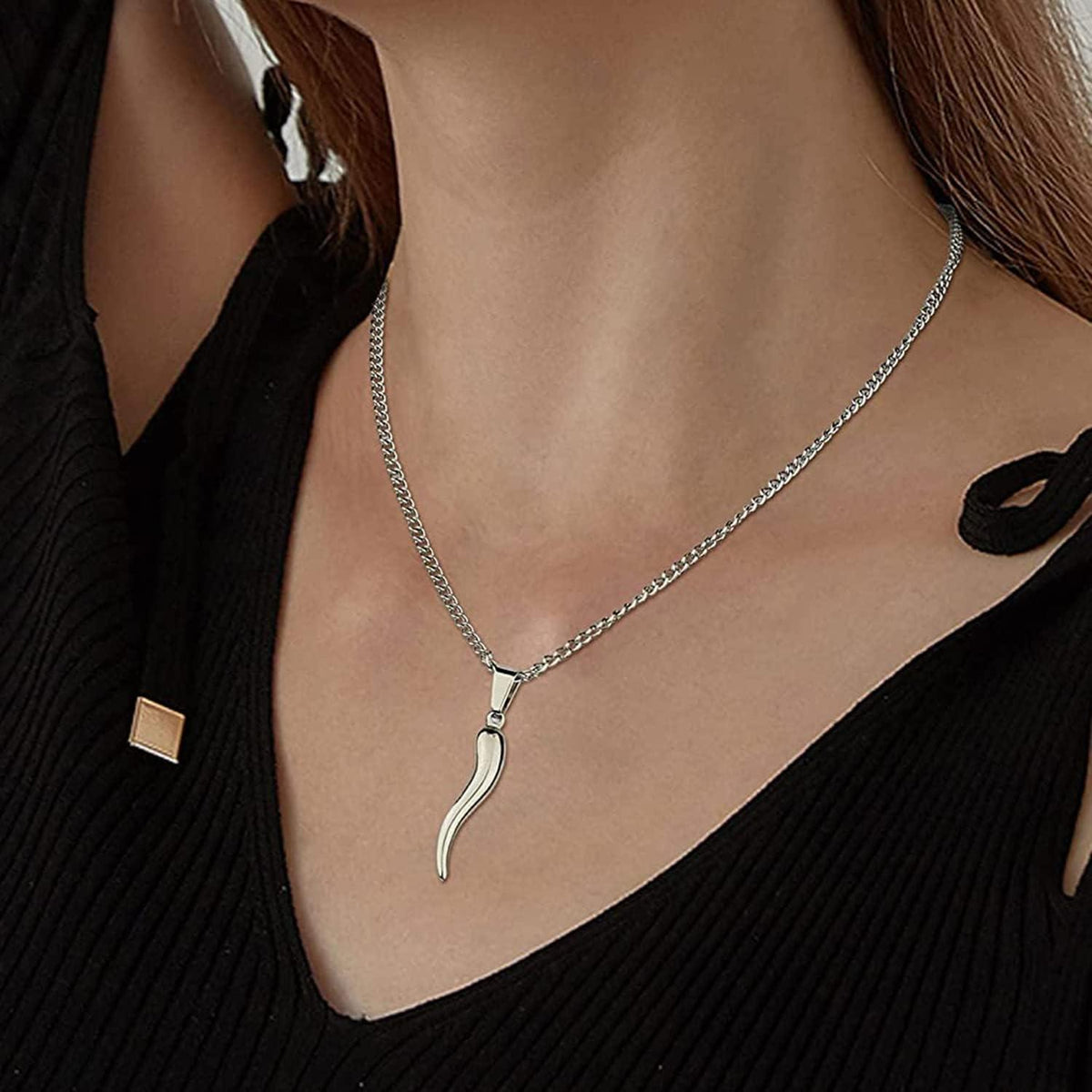 Italienisches Horn Halskette Edelstahl mit Anhänger, Glücksbringer, Silber