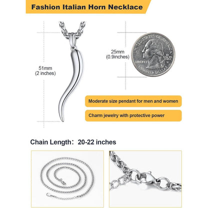 Italienisches Horn Halskette Edelstahl mit Anhänger, Glücksbringer, Silber
