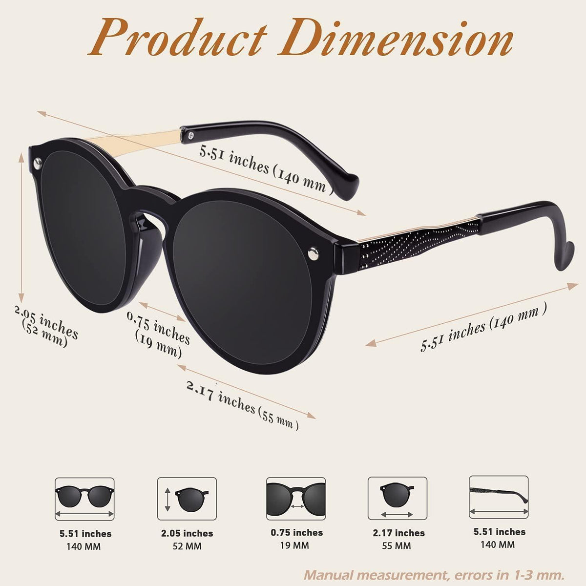 Sonnenbrille Damen Herren Verspiegelt Groß Rund UV400 Schwarz Grau