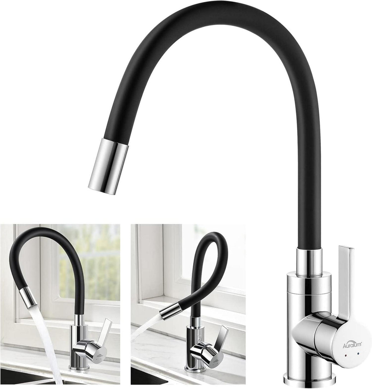 Schwarzer Wasserhahn mit flexiblem Auslauf und Wasserspar Aerator