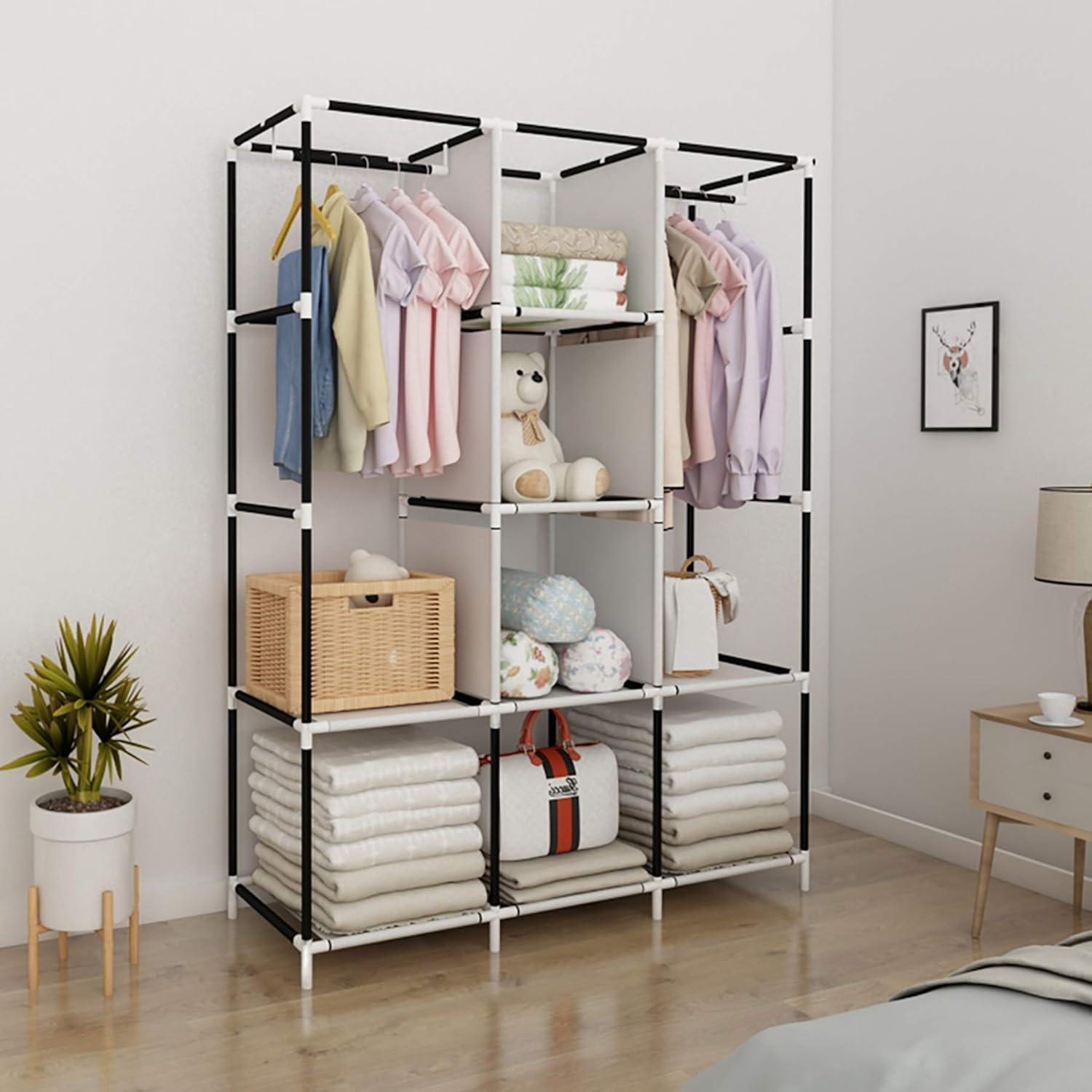 Kleiderschrank aus Stoff Grau Stoffschrank Faltschrank mit Stauraum
