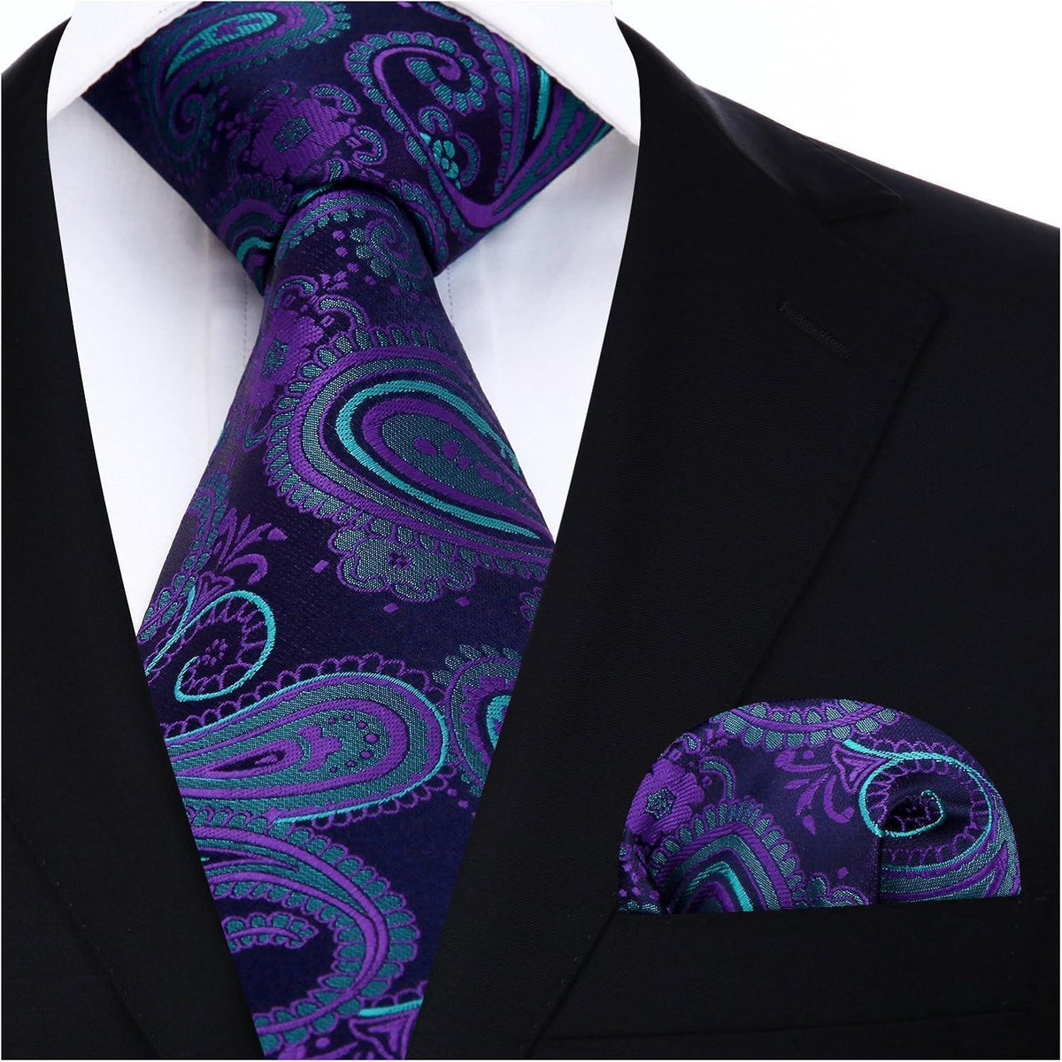 Krawatten-Set mit Einstecktuch Paisley Marineblau/Grün/Lila