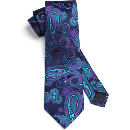 Krawatten-Set mit Einstecktuch Paisley Marineblau/Grün/Lila