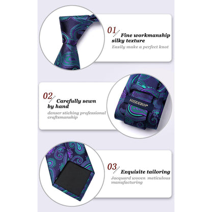 Krawatten-Set mit Einstecktuch Paisley Marineblau/Grün/Lila