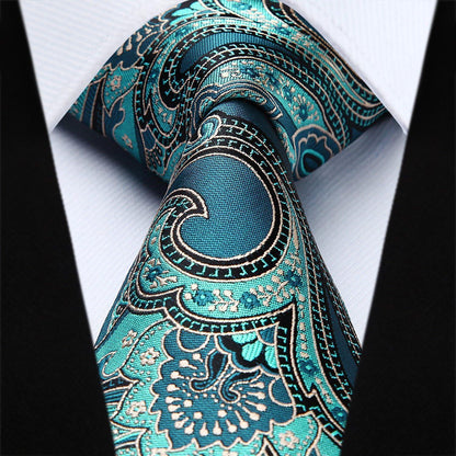 Herren Krawatten-Set mit Einstecktuch, Paisley-Blumenmuster, Aqua