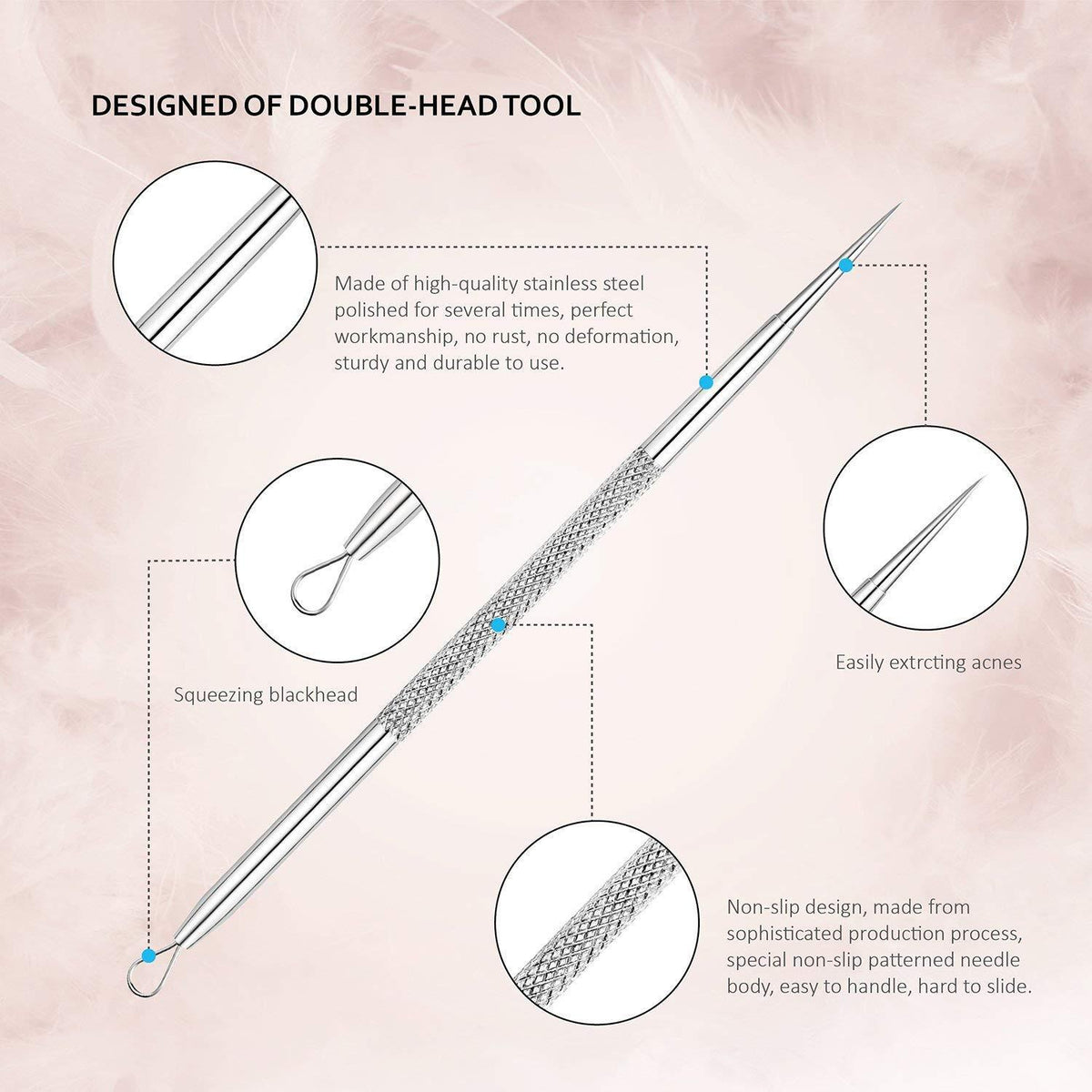 Mitesserentferner Set | Blackhead Remover aus Edelstahl | 6 Stk. Komedonenquetscher Kit