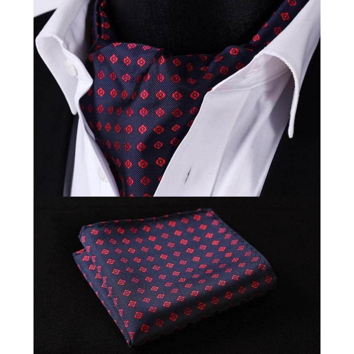 Herren Krawattenschal Paisley mit Einstecktuch Set Marineblau Rot