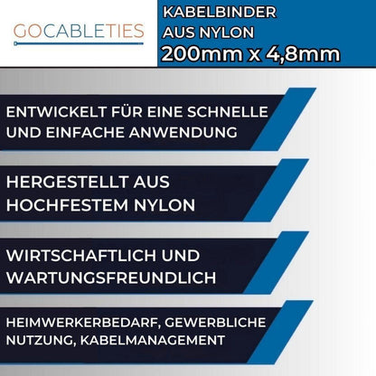 100 Kabelbinder 200mm, Weiß/Transparent, 22,2 kg Zugfestigkeit