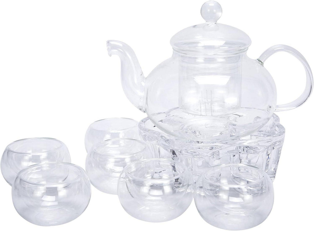 Elegante Teekanne aus hitzebeständigem Klarglas 600 ml mit Filter und 6 Gläsern