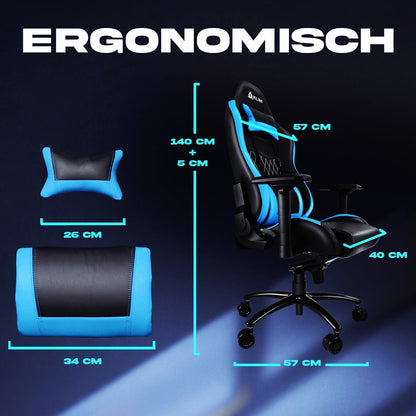 Gaming Stuhl mit Lenden- und Nackenstütze in Blau