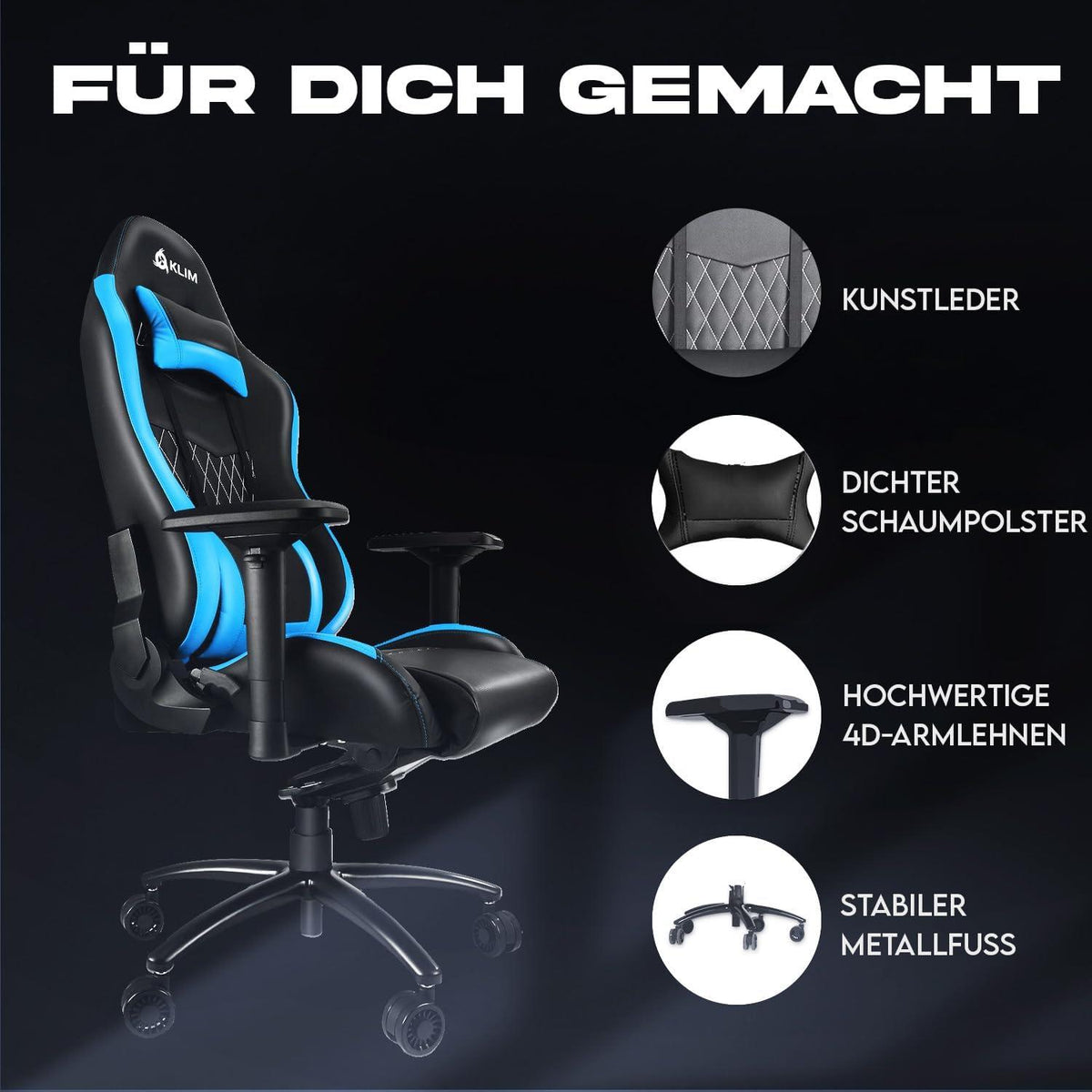 Hochwertiger Gaming Stuhl Blau mit Verstellbarer