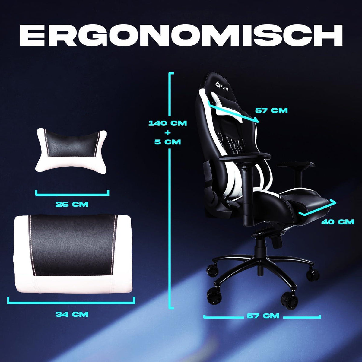 Ergonomischer Gaming Stuhl mit Lenden- und Nackenstütze
