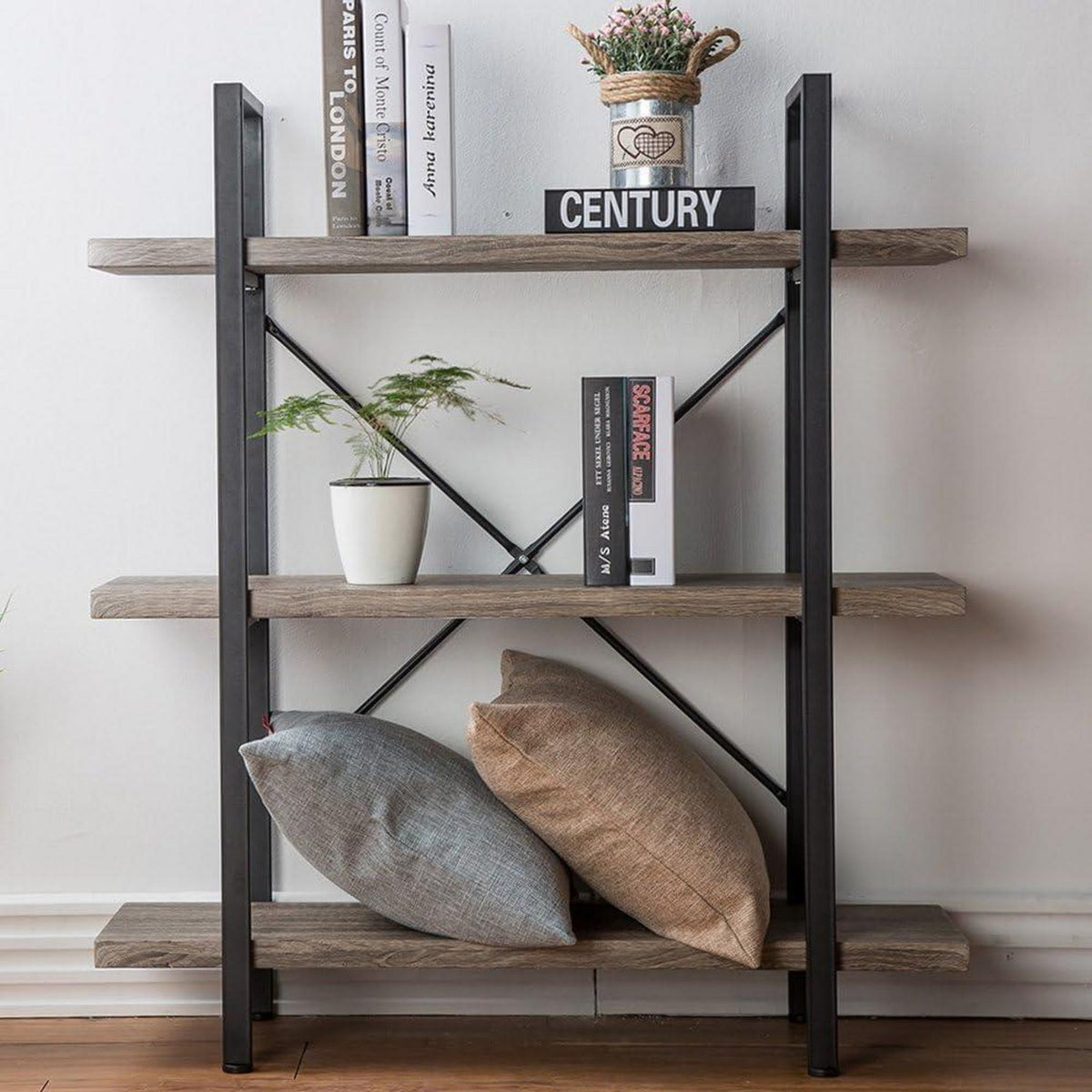 Industrielles Bücherregal Grau mit 3 Etagen – Metall & Holz