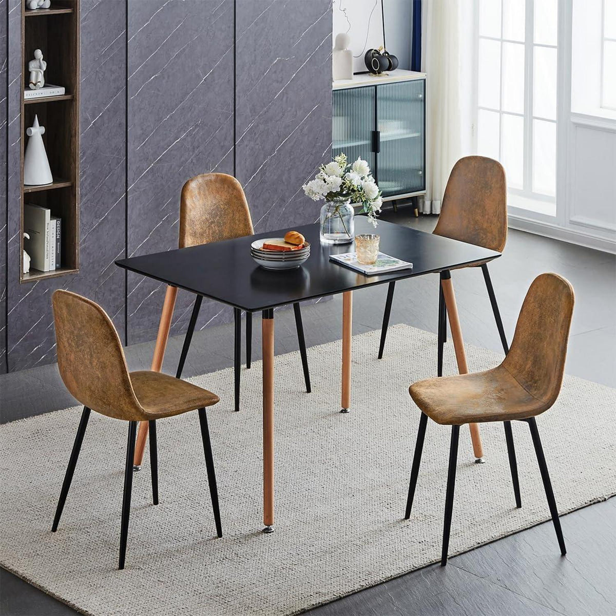 Homy Casa 4er Set Esszimmerstühle Vintage Wildledersitz Schwarz