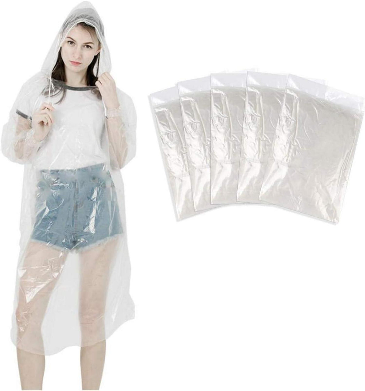 Transparente Einweg Regenponchos mit Kapuze 5er Set