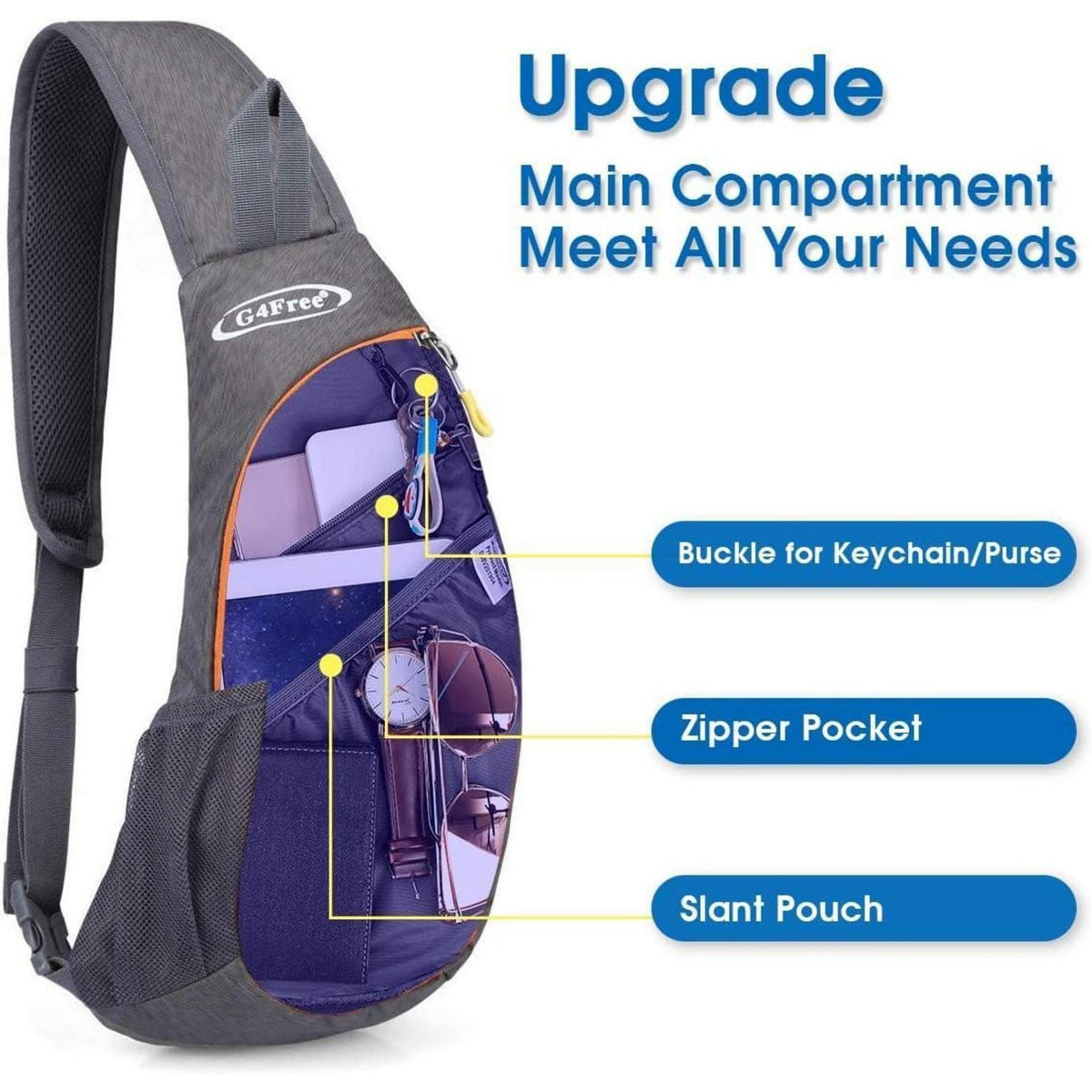 Leichte Brusttasche Grau/Orange | Sling Rucksack für Wandern & Radfahren