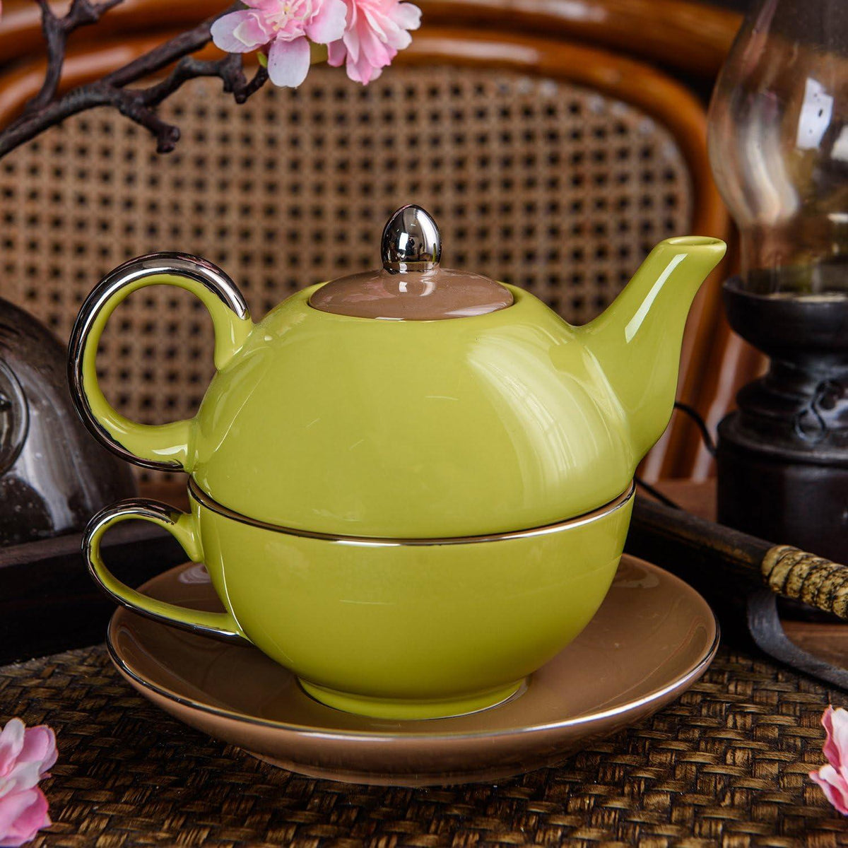 Porzellan Tee Kaffee Set Kanne Tasse Untertasse Meergrün
