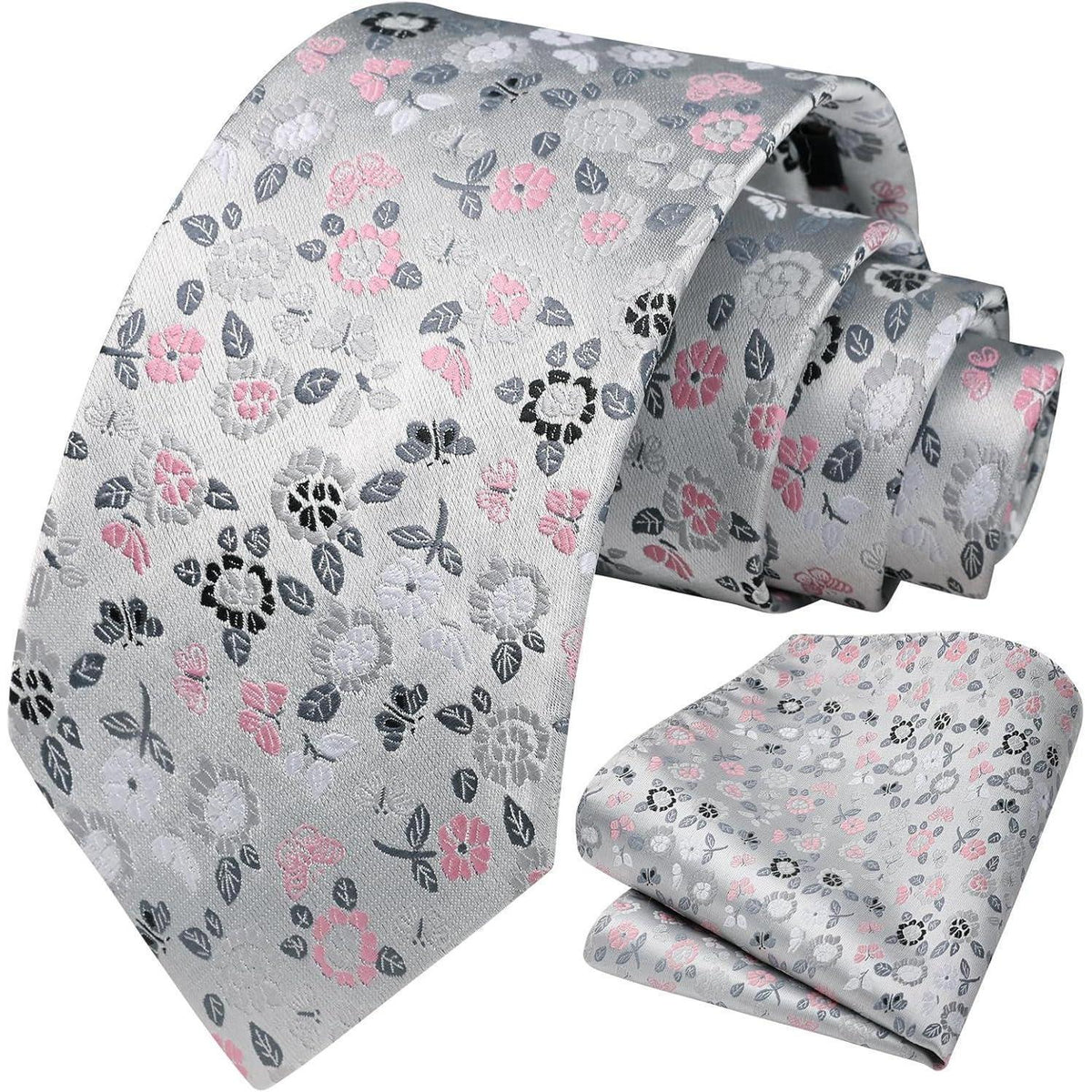 HISDERN Krawatten-Set Herren Seide Floral Grau/Rosa