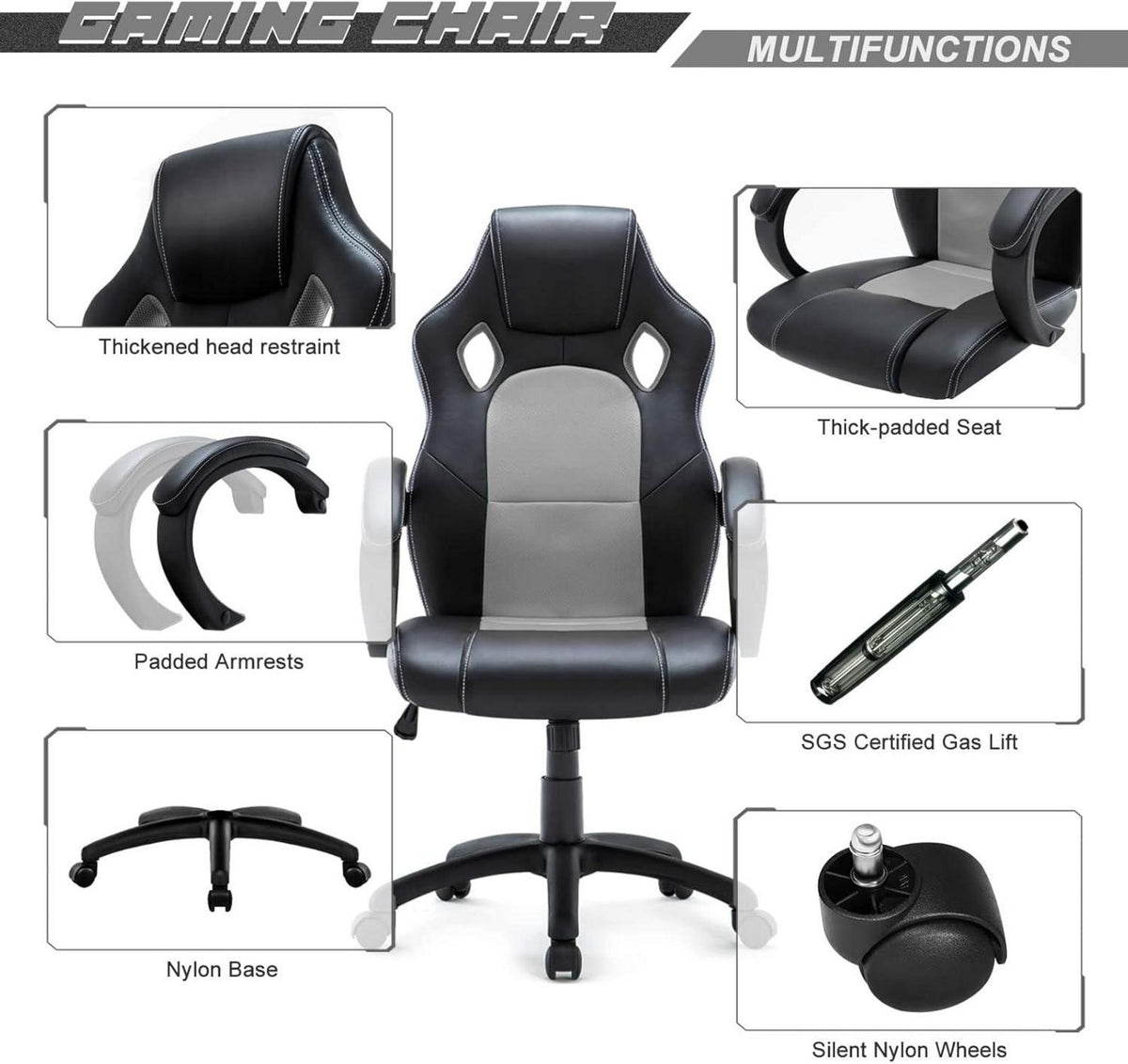 Gaming Stuhl Ergonomisch Rennstuhl Bürostuhl Grau