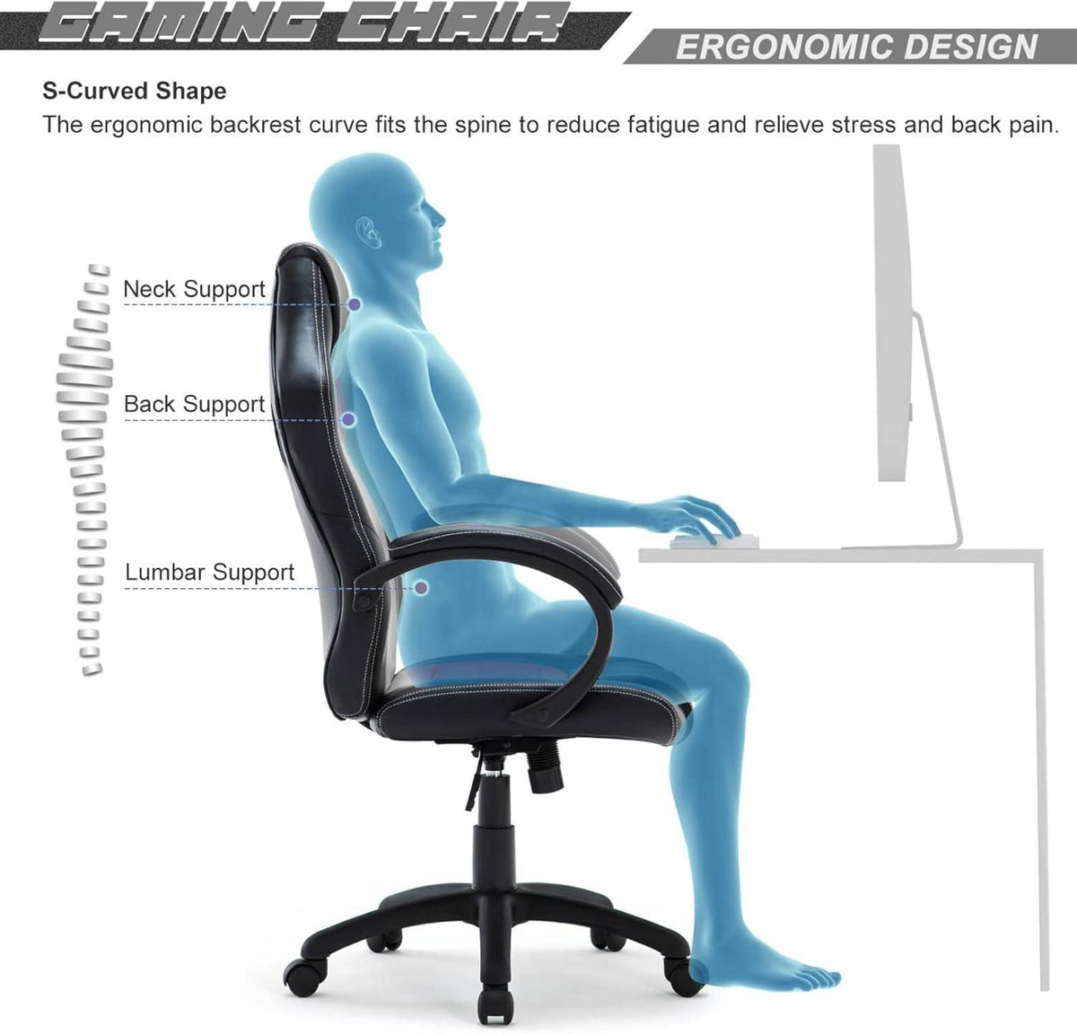 Ergonomischer Gaming Stuhl Bürostuhl Drehstuhl Rennstuhl Grau