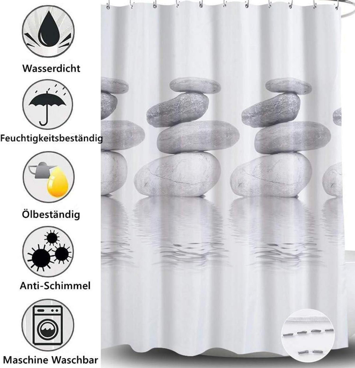 Textil Duschvorhang 240x200 Grau Pebble Schimmelresistent Wasserabweisend