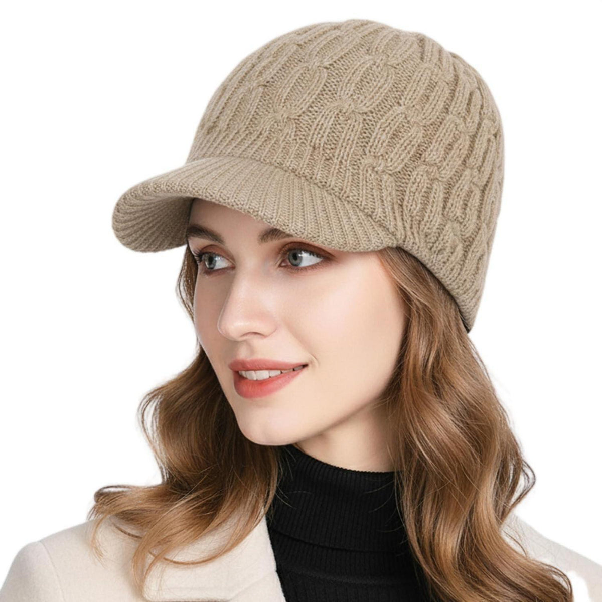 Strickmütze Damen mit Schirm aus Merinowolle, warm & bequem