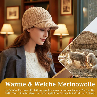 Strickmütze Damen mit Schirm aus Merinowolle, warm & bequem