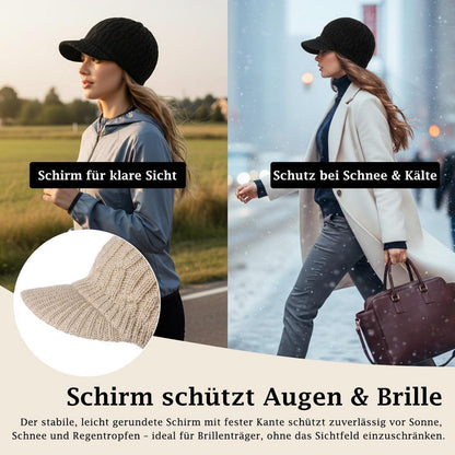 Strickmütze Damen mit Schirm aus Merinowolle, warm & bequem