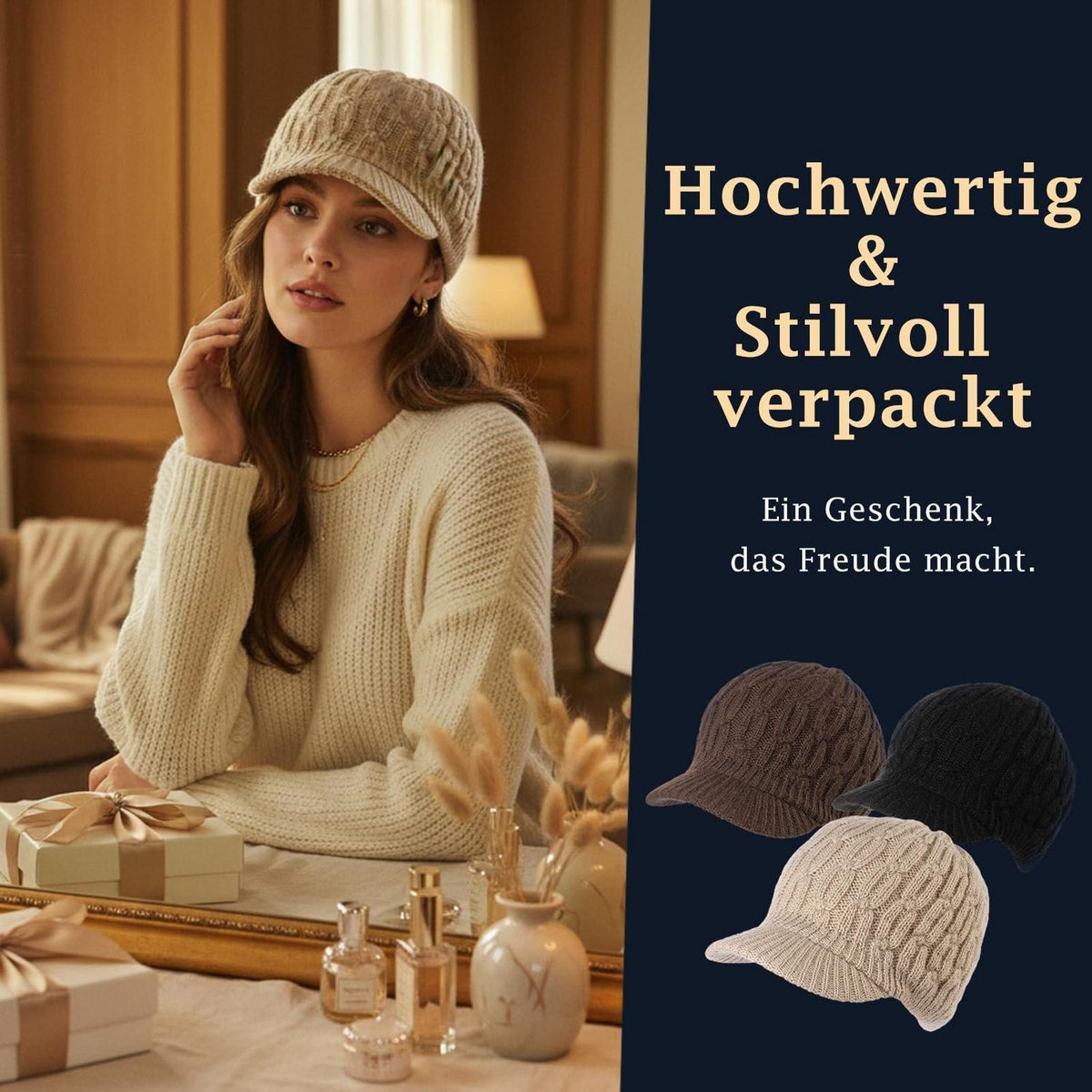 Strickmütze Damen mit Schirm aus Merinowolle, warm & bequem