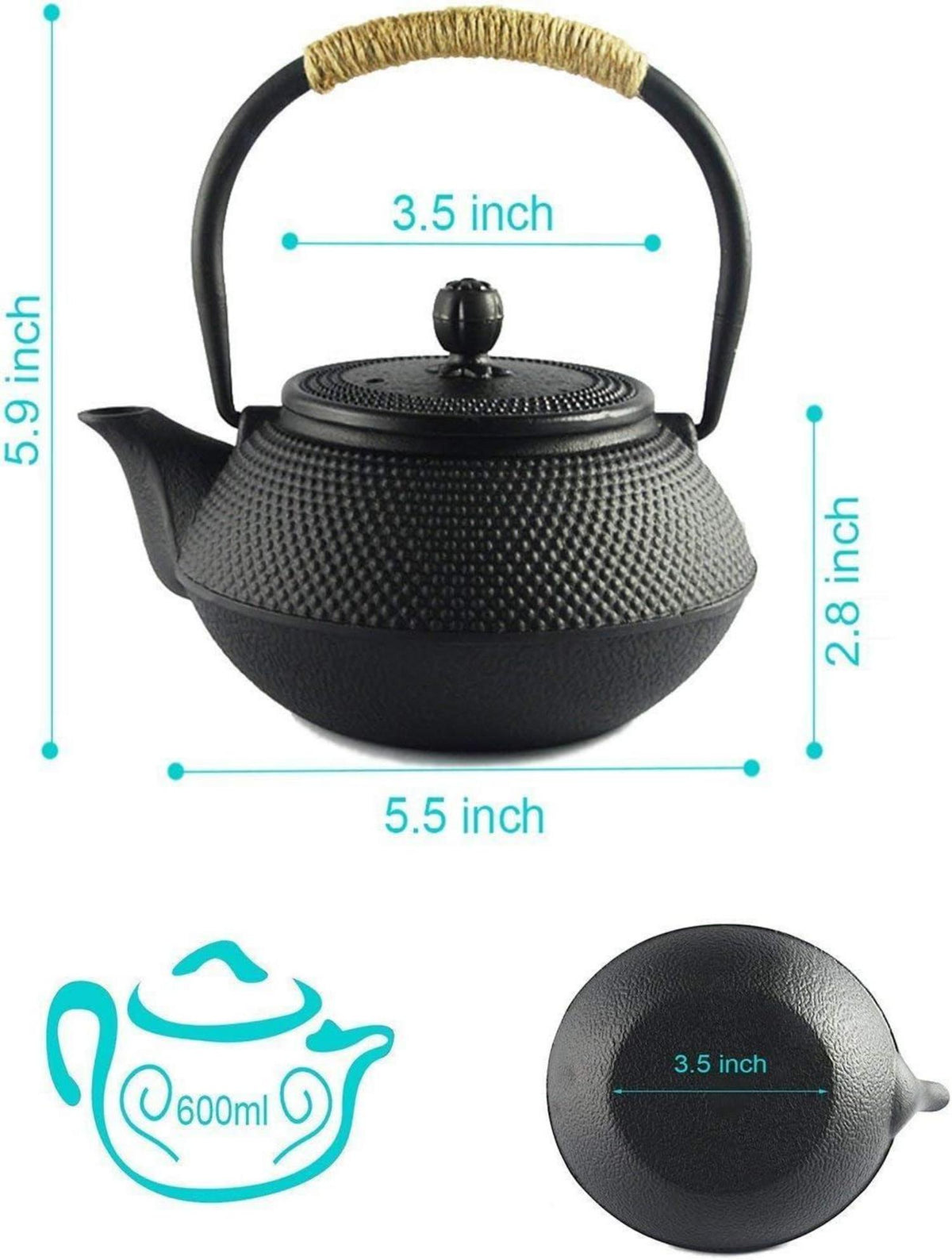 Japanische Gusseisen Teekanne mit Siebeinsatz Schwarz 0,6l