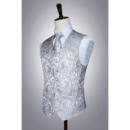 Herren Jacquard Weste Krawatte Einstecktuch Set Grau 5XL